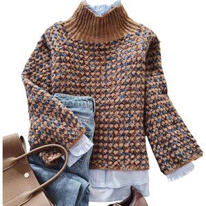 Sweaters for Women 2025 Fashion Retro Print Mock Neck Chunky Jumper Long Sleeve